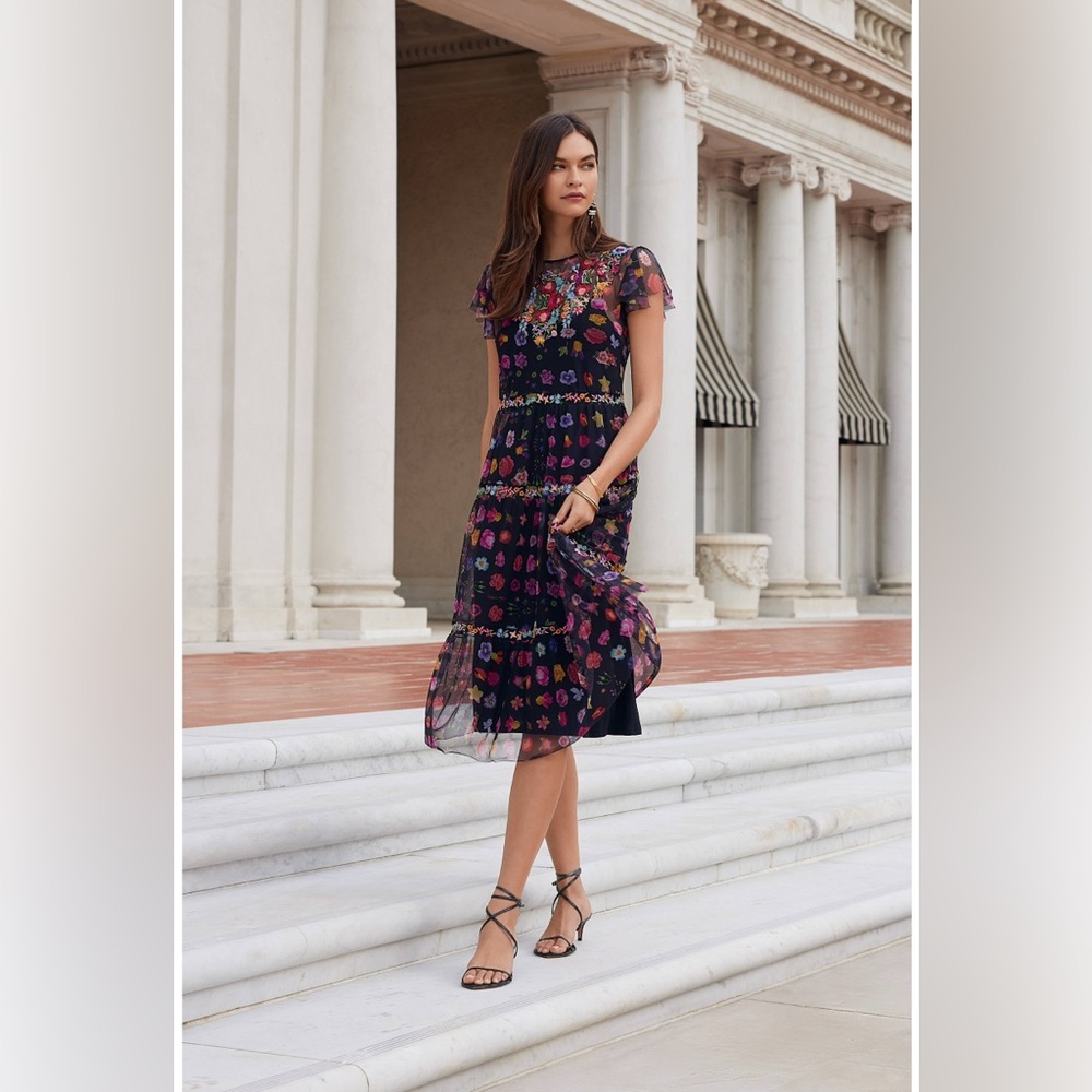 Johnny Was Black A-line Midi Dress with Flutter Sleeves